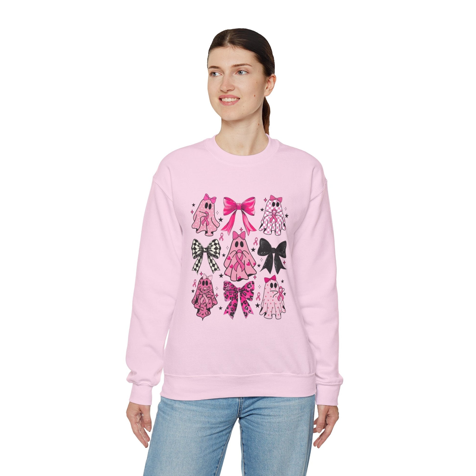 Breast Cancer Ghost/Bows Unisex Heavy Blend™ Crewneck Sweatshirt - L.W. Unlimited Custom Design Space