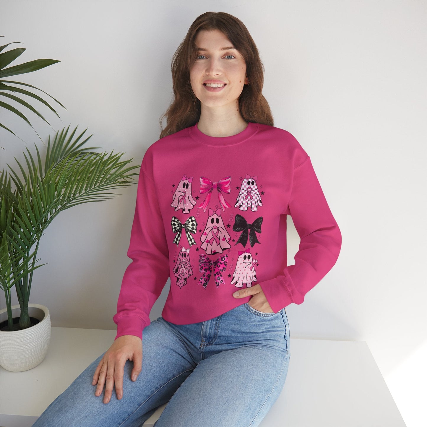 Breast Cancer Ghost/Bows Unisex Heavy Blend™ Crewneck Sweatshirt - L.W. Unlimited Custom Design Space