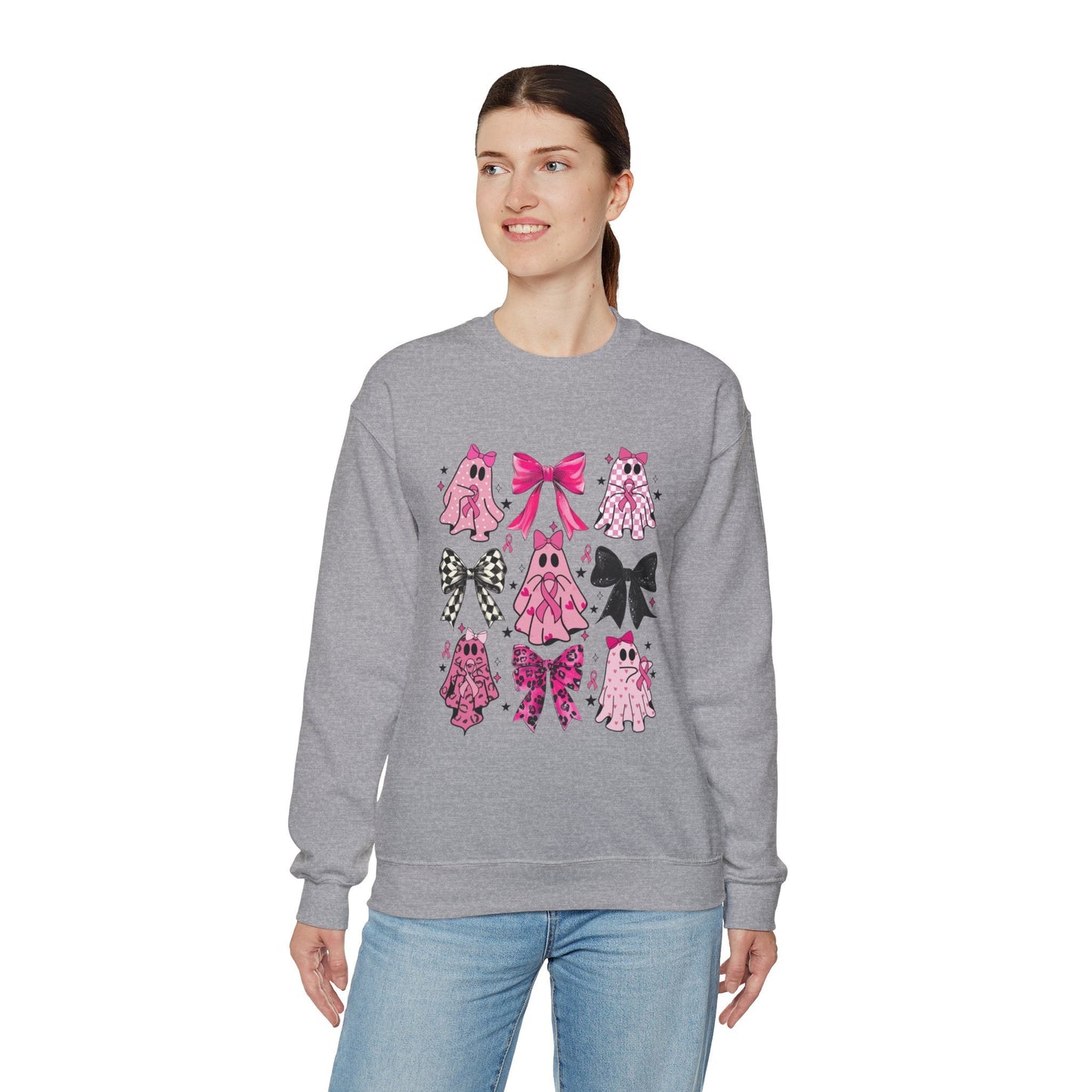 Breast Cancer Ghost/Bows Unisex Heavy Blend™ Crewneck Sweatshirt - L.W. Unlimited Custom Design Space