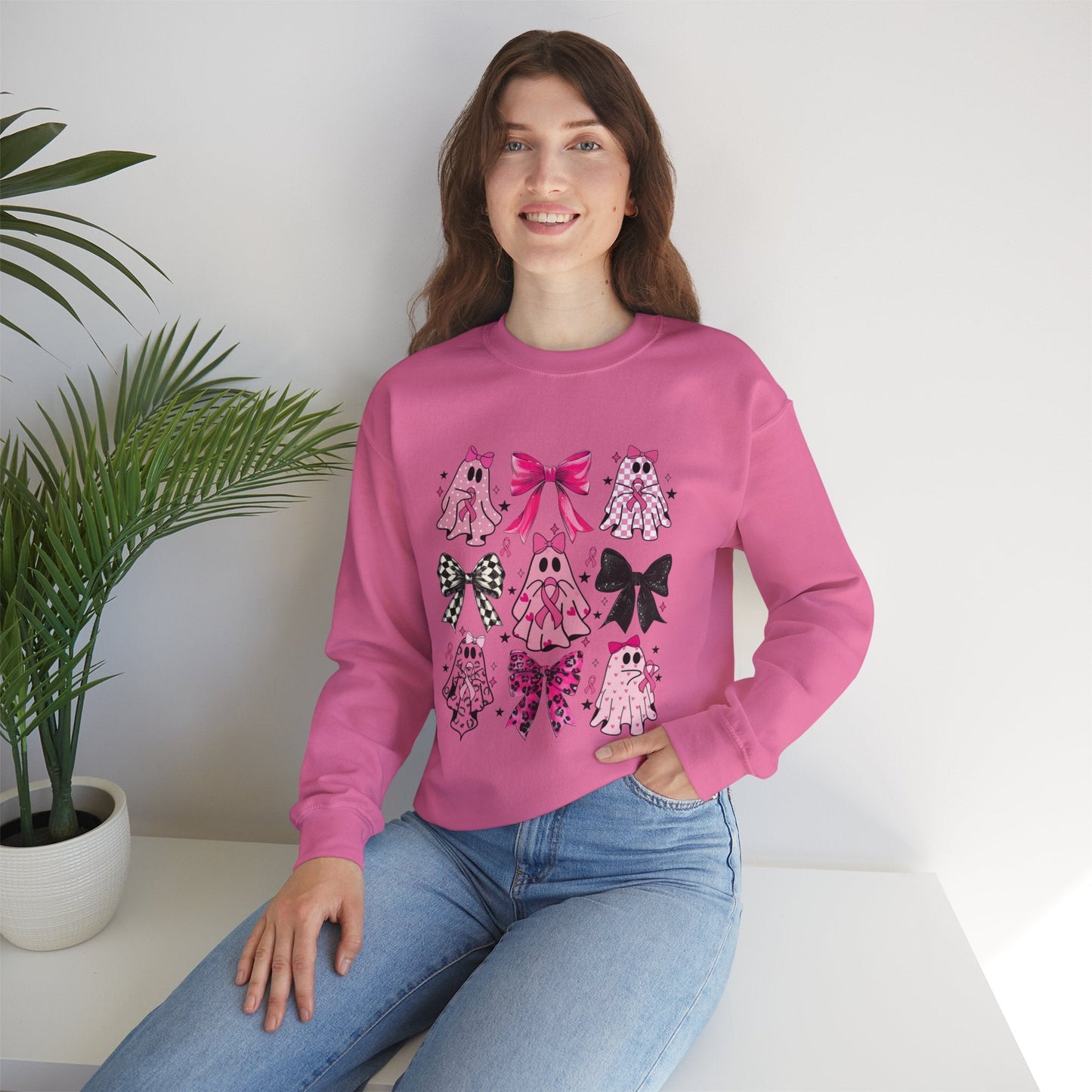 Breast Cancer Ghost/Bows Unisex Heavy Blend™ Crewneck Sweatshirt - L.W. Unlimited Custom Design Space