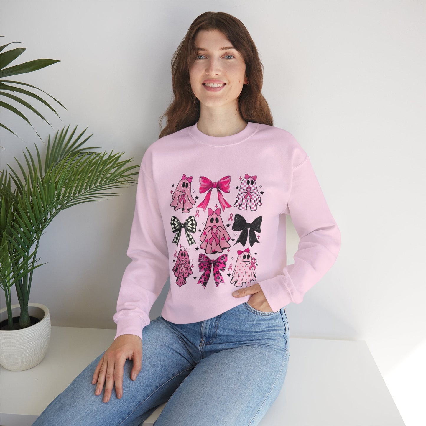 Breast Cancer Ghost/Bows Unisex Heavy Blend™ Crewneck Sweatshirt - L.W. Unlimited Custom Design Space