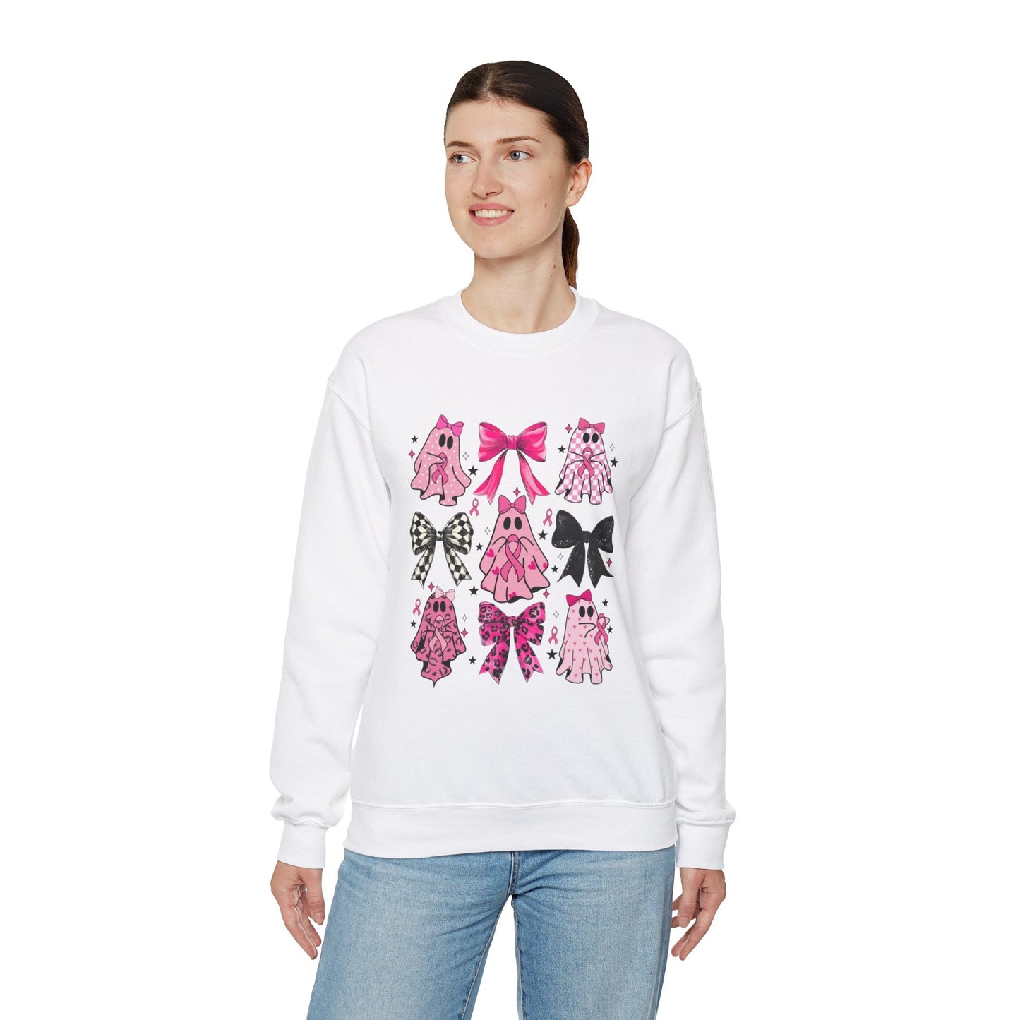 Breast Cancer Ghost/Bows Unisex Heavy Blend™ Crewneck Sweatshirt - L.W. Unlimited Custom Design Space