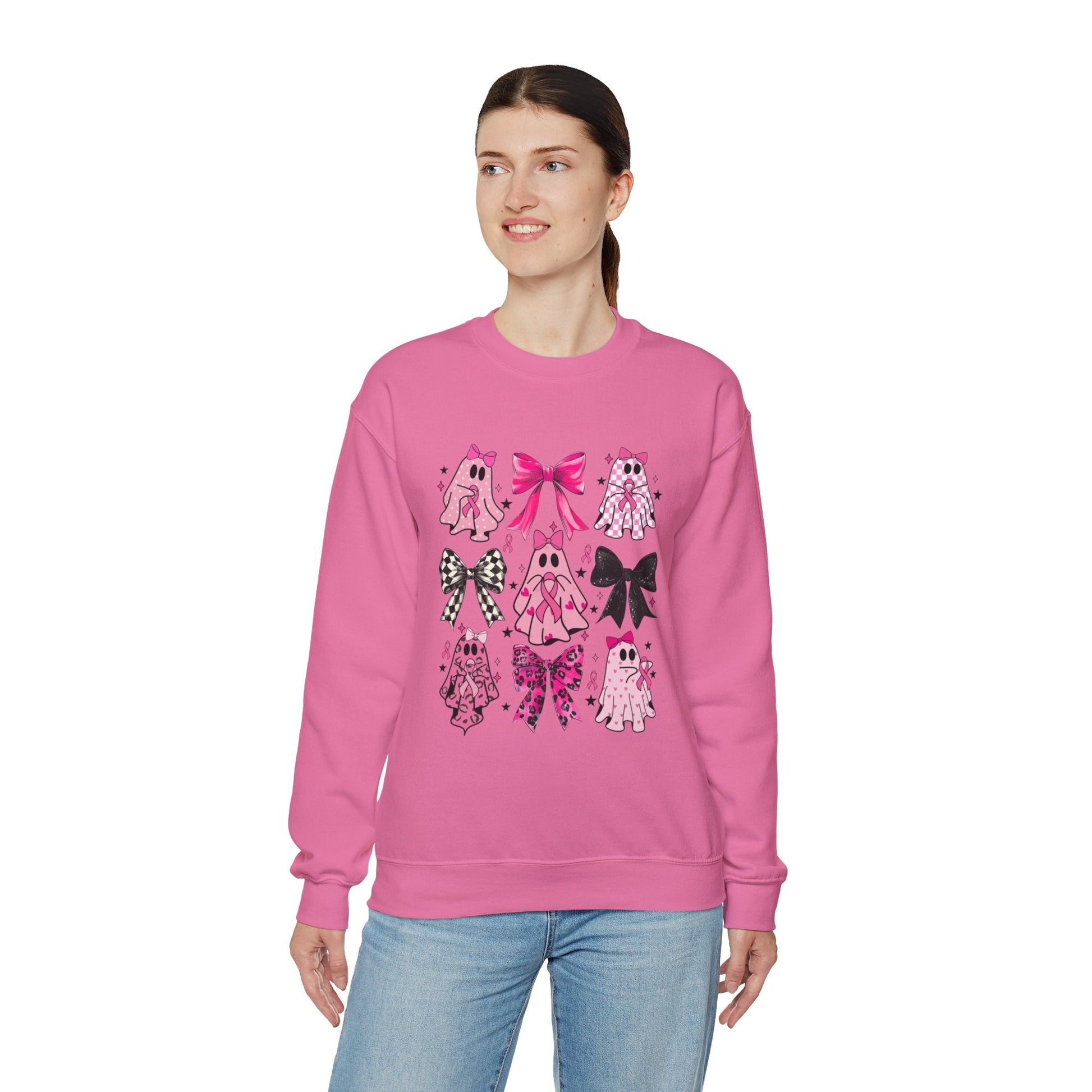 Breast Cancer Ghost/Bows Unisex Heavy Blend™ Crewneck Sweatshirt - L.W. Unlimited Custom Design Space