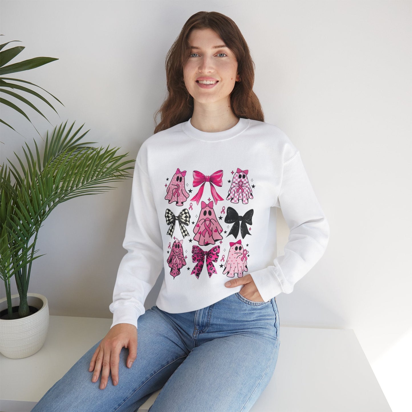 Breast Cancer Ghost/Bows Unisex Heavy Blend™ Crewneck Sweatshirt - L.W. Unlimited Custom Design Space