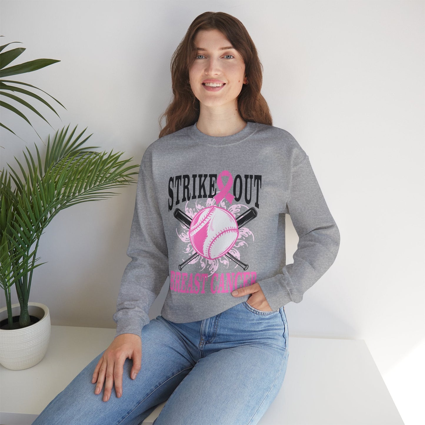 Breast Cancer Strike Out Unisex Heavy Blend™ Crewneck Sweatshirt - L.W. Unlimited Custom Design Space